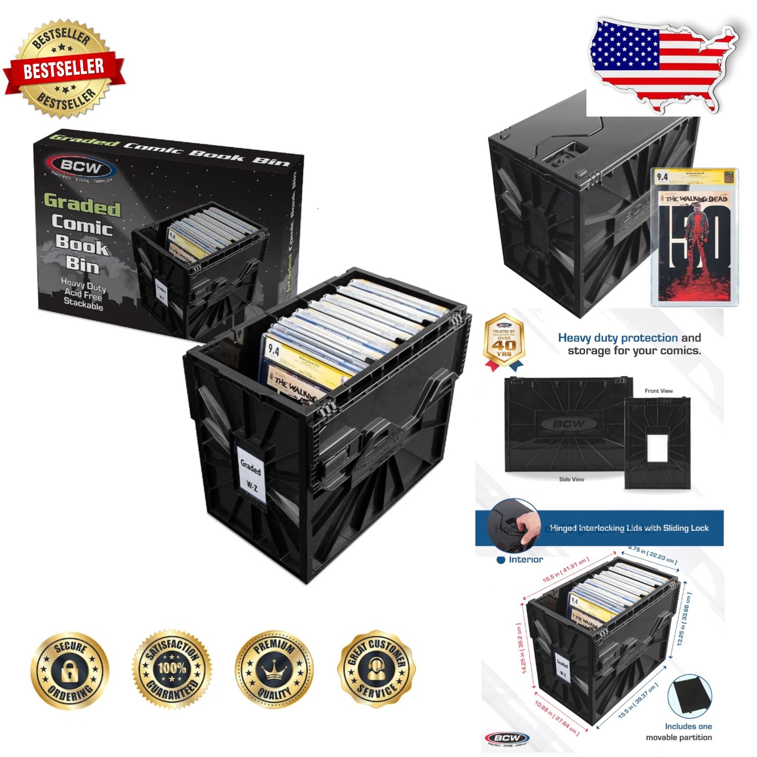 Graded Comic Bin Black 1 Pack - Holds 30 Slabs, Heavy Duty Acid-Free Stackabl...