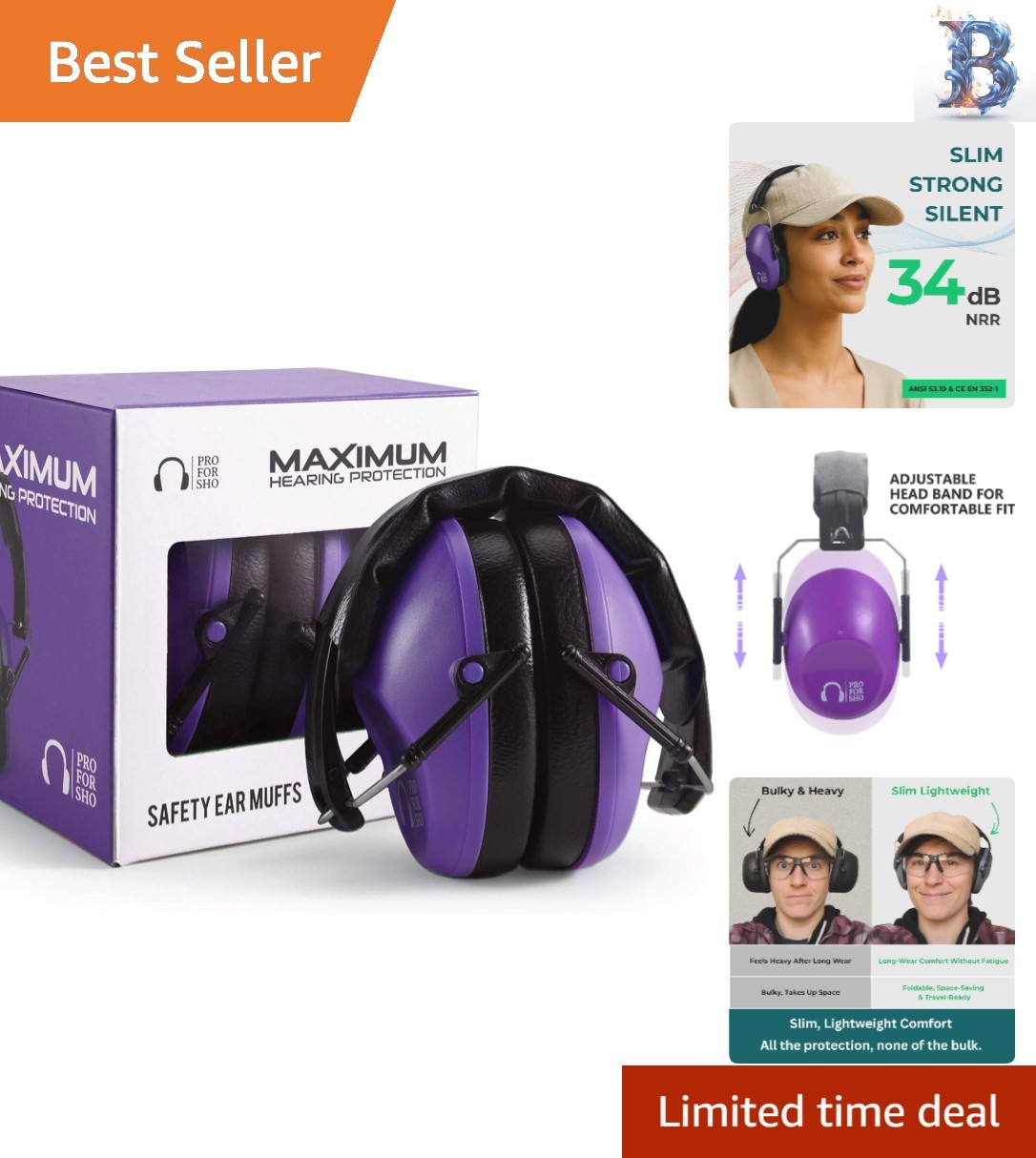 34 dB Noise Reduction Ear Muffs – Compact, Lightweight Protection for Loud Ev...