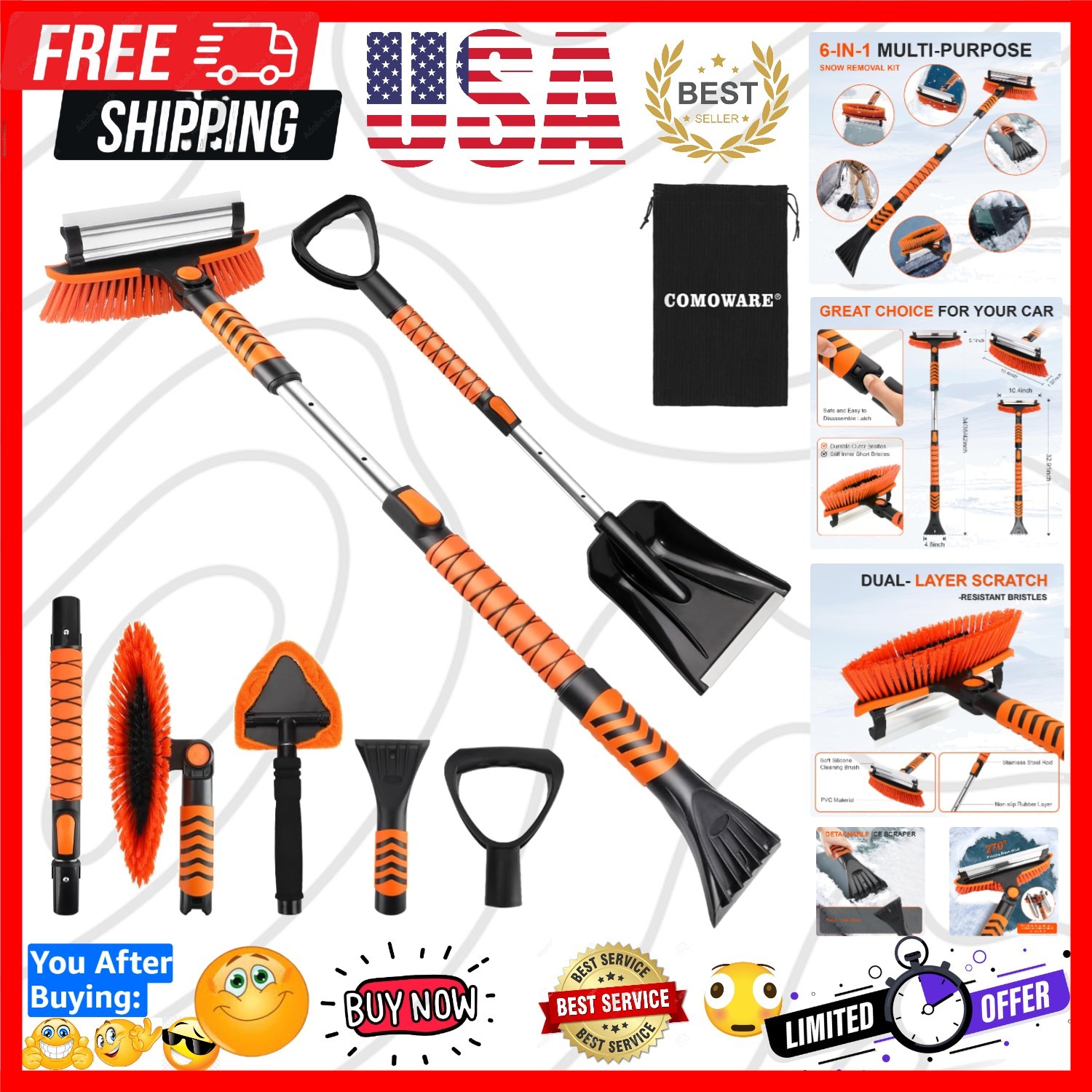 Extendable for Car, Ice Scrapers for Car Windshield Combo Kit with 270° Pivot...