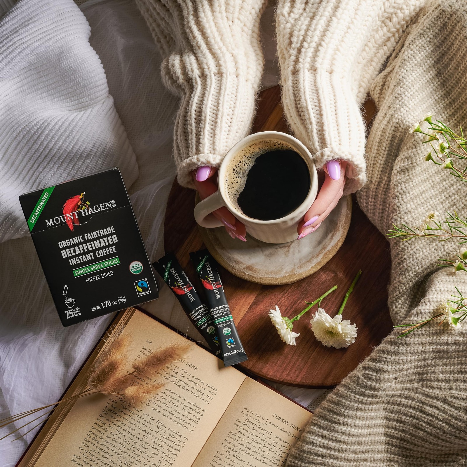 Mount Hagen 25 Count Single Serve Instant Decaf Coffee Packets - 1 Pack | Dec...