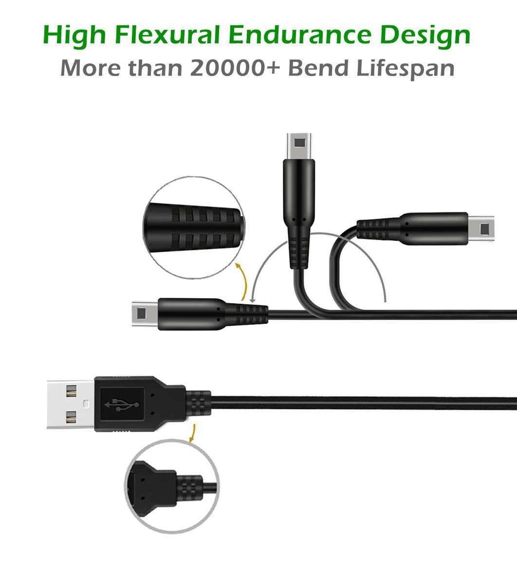 2x 3.9ft USB Charging Cables for 3DS/2DS - Play While You Charge with Stylus