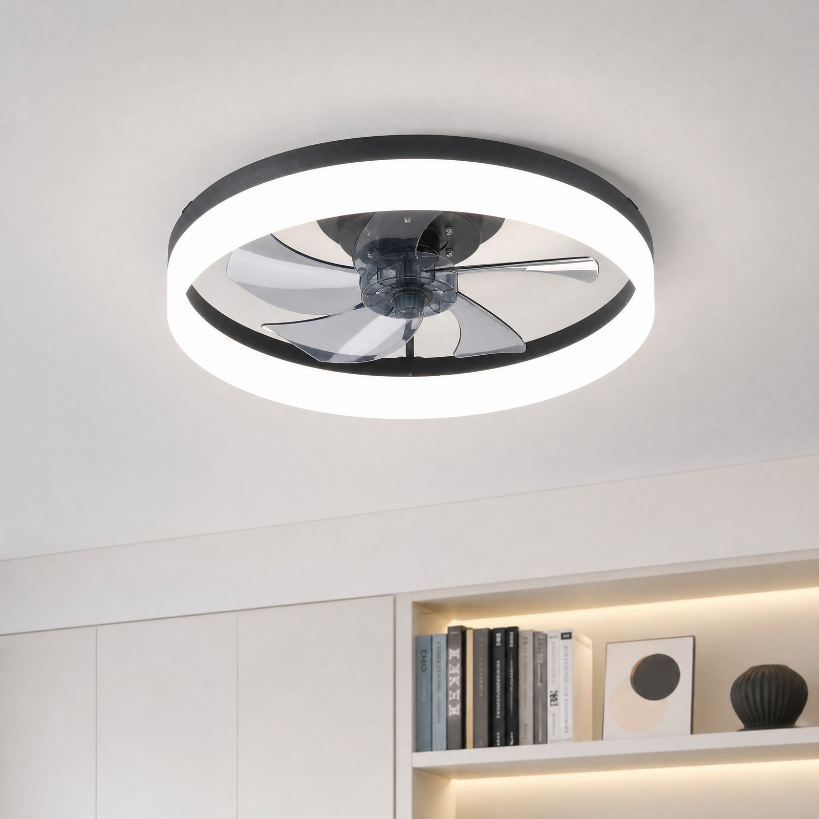 20 inch Flush Mount Modern Black Ceiling Fan Remote APP Control Kit with Light