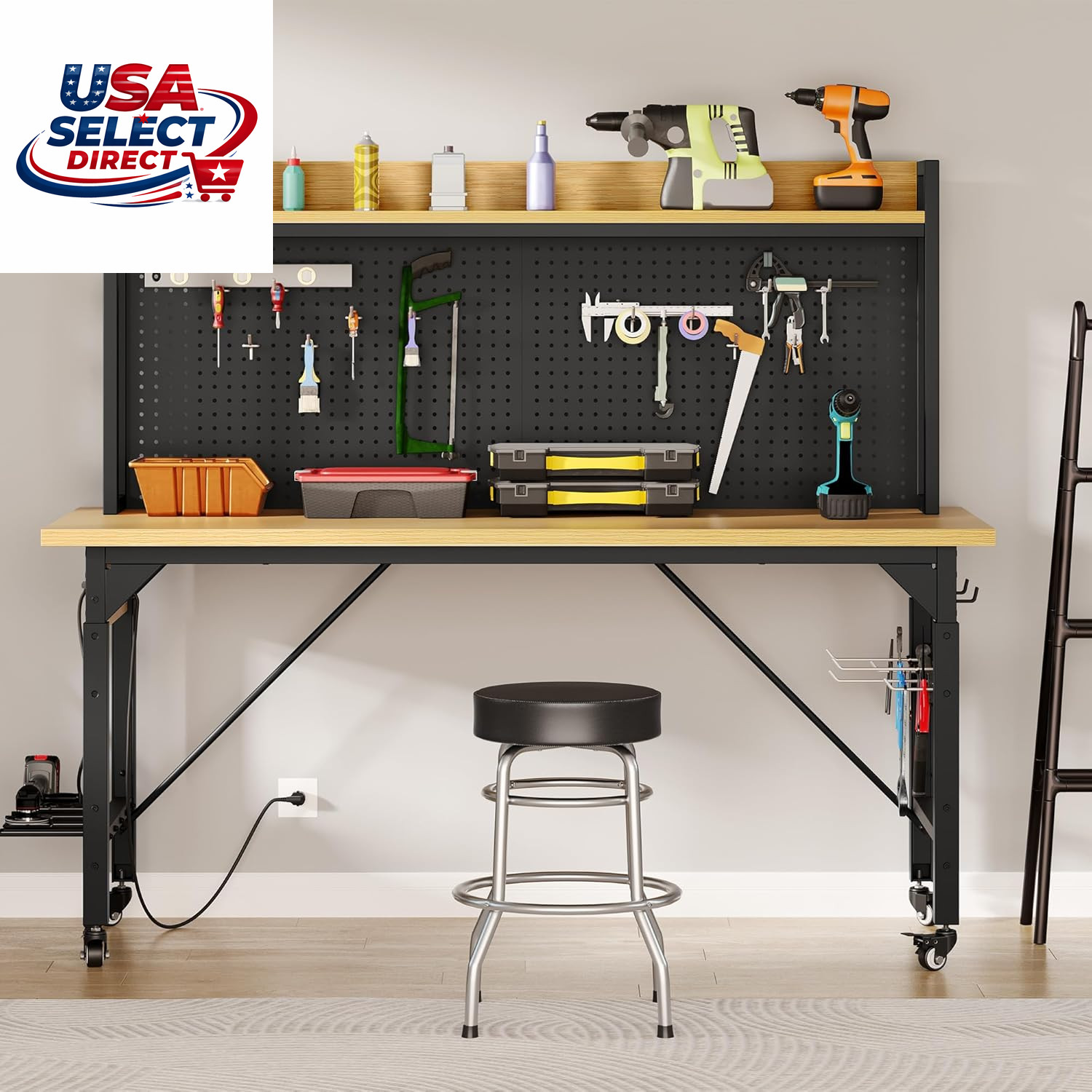 48" Adjustable Workbench with Pegboard, Wheels, 1600 LB Capacity