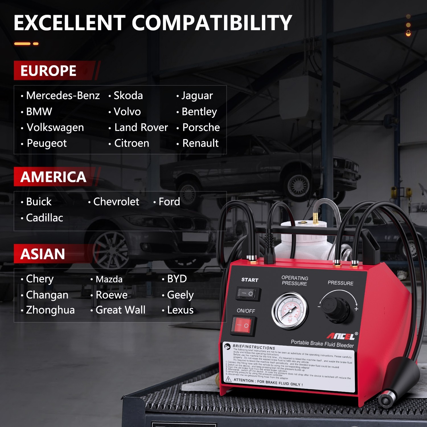 ANCEL BR2000 Electric Brake Fluid Bleeding Exchange Machine Adjustable Pressure