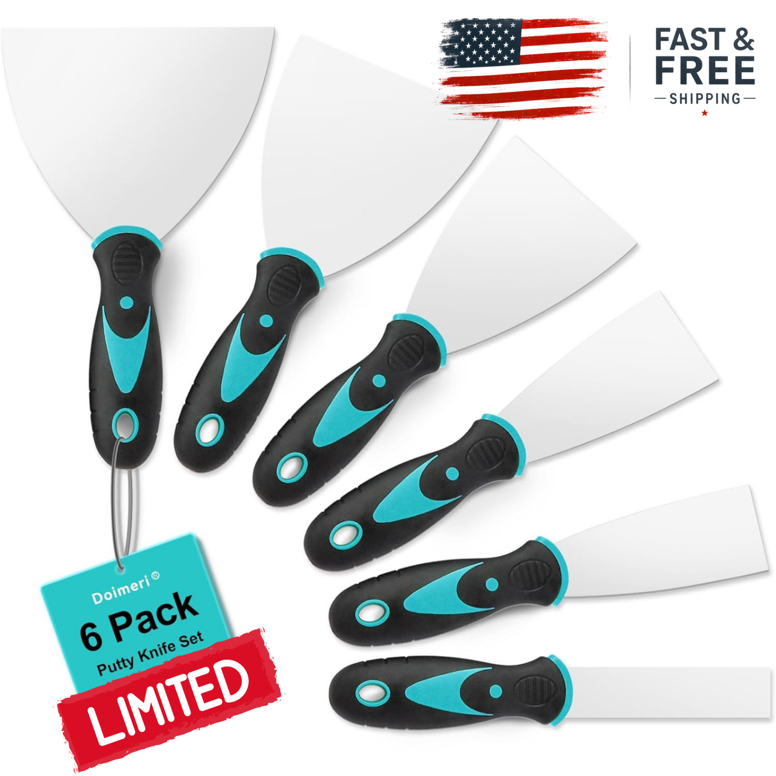6 Pack Putty Knife Set 1-5in Spackle Scraper Stainless Steel Drywall Tool US NEW