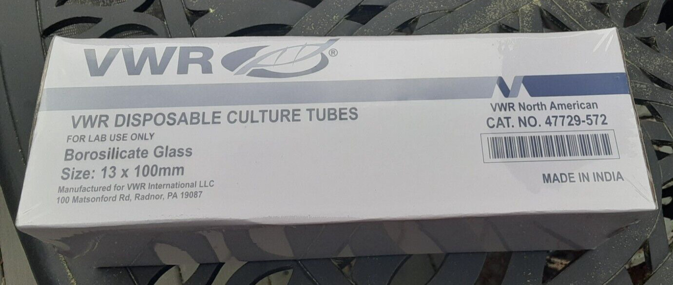 VWR 13 X 100mm   Culture Tubes, Borosilicate Glass ( 250 )Pcs, SEALED! 47729-572