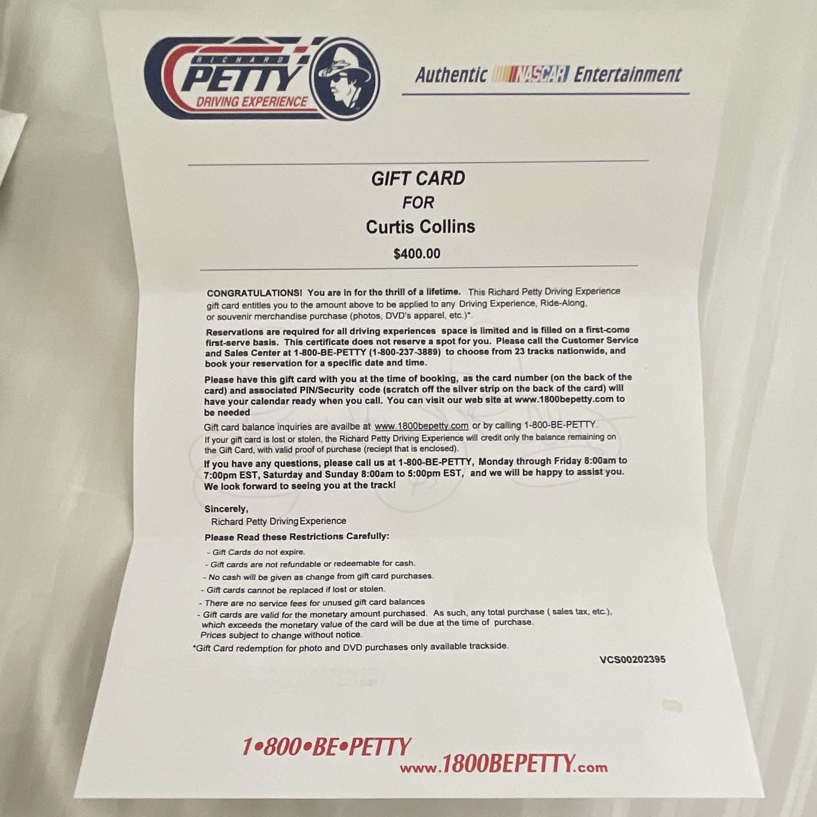 Richard Petty Driving Experience NASCAR $400 Gift Card US Nationwide No Exp