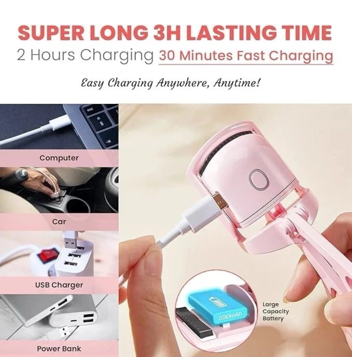 Long Lasting Electric Heated Eyelash Curler USB Rechargeable Makeup Curling Tool
