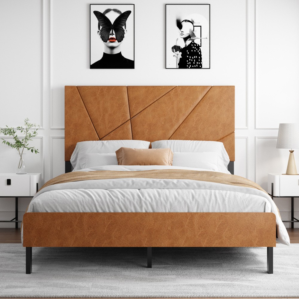 King Size Bed Frame Metal Platform w/ Upholstered Headboard & Under-Bed Storage