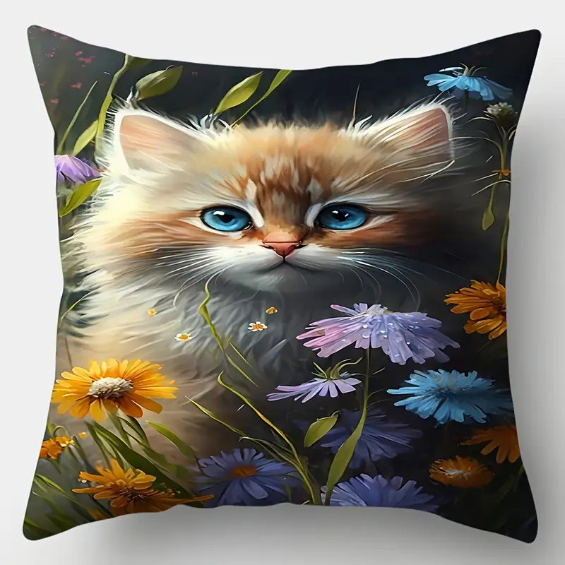 Kitten In Flowers Throw Pillow Decorative Couch Pillow 18 X 18 Pillow and Case