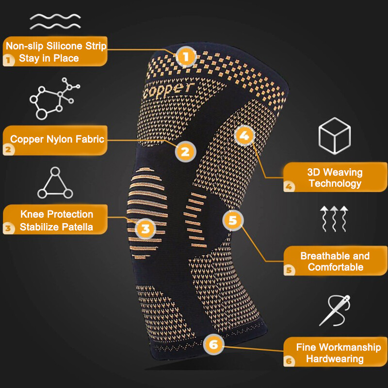 Copper Knee Brace Compression Sleeve Arthritis Joint Support Running Sports Wrap