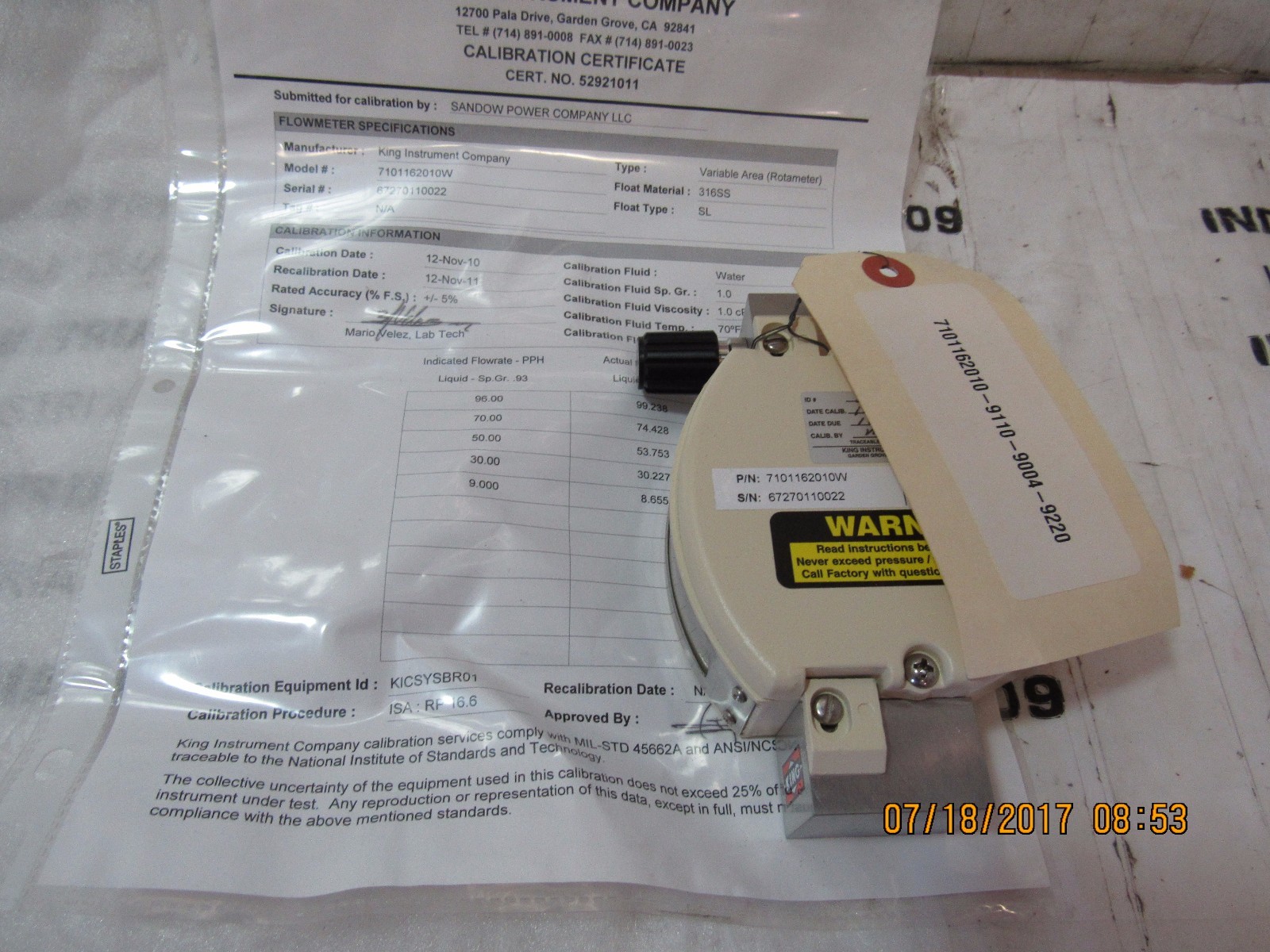 KING INSTRUMENTS SS EP SS OV / VAL SPCL FLOW METER 7101162010W NEW