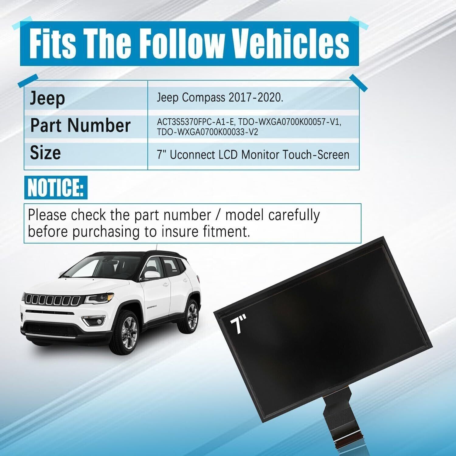 7" LCD Display Touch Screen For 2017-2020 Jeep Compass Radio Navigation Replace
