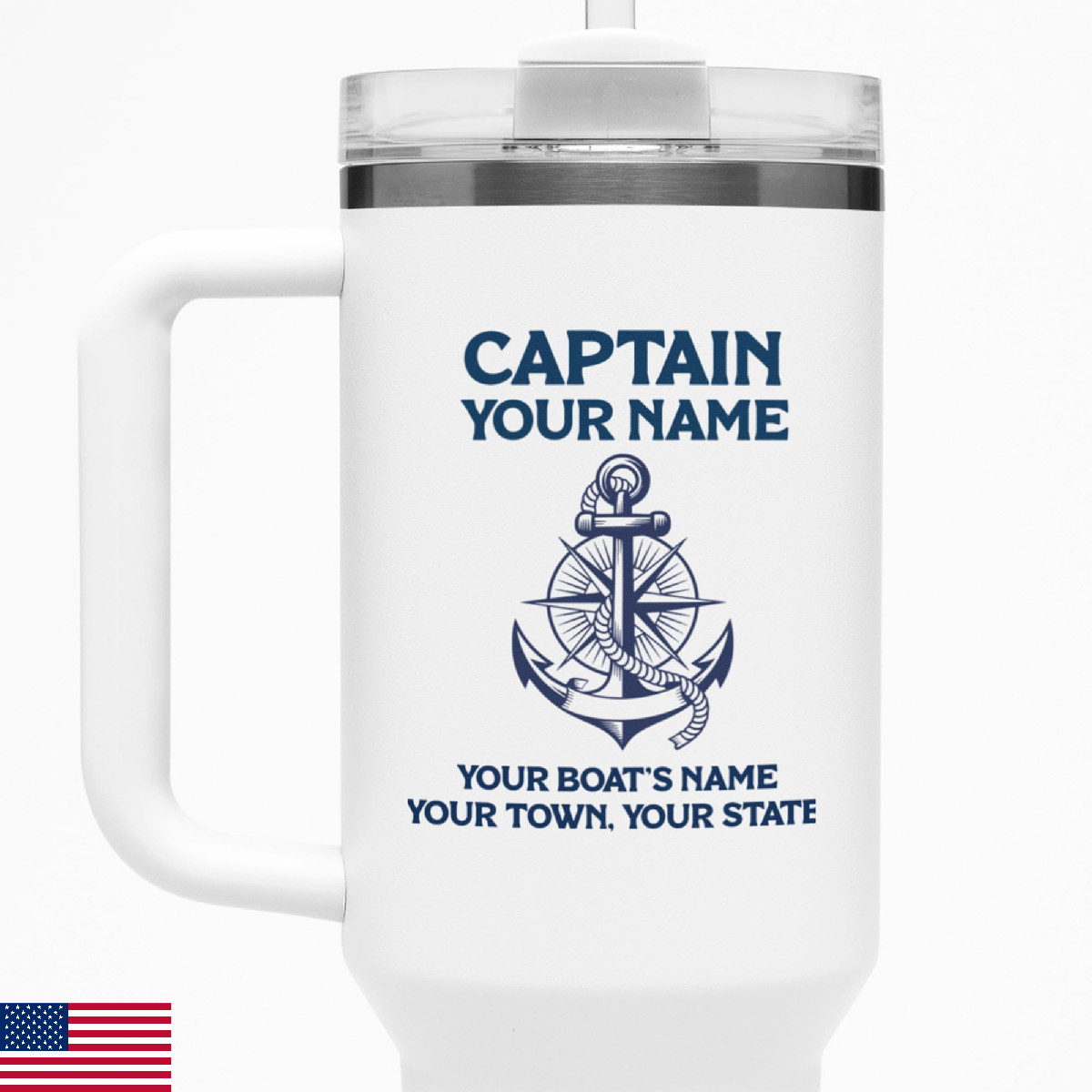 Custom 40oz Boat Tumbler w/ Handle - Anchor/Compass - Captain/First Mate Gift