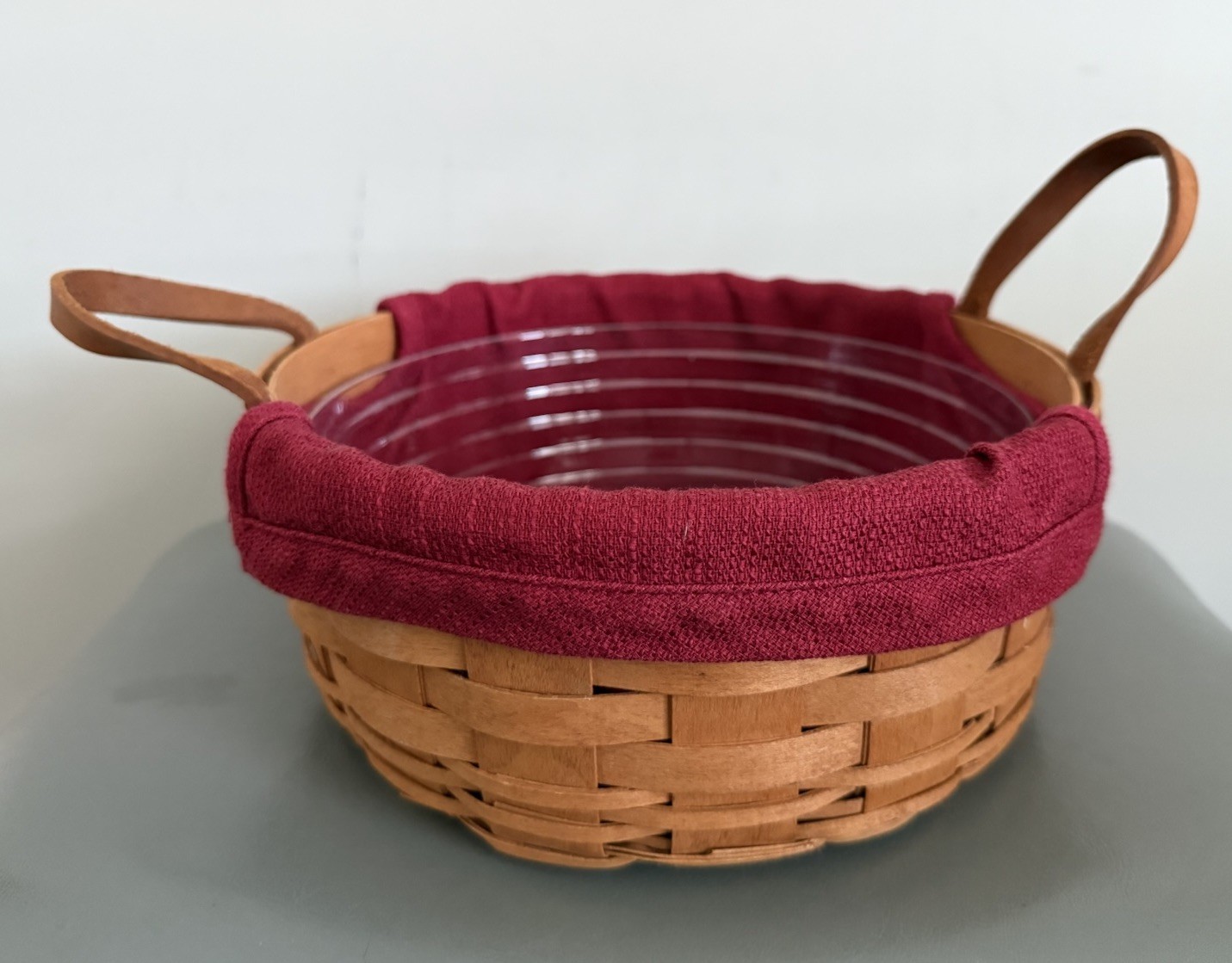 Longaberger Basket Set 2003 Round Leather Handles Red Fabric Plastic Protector