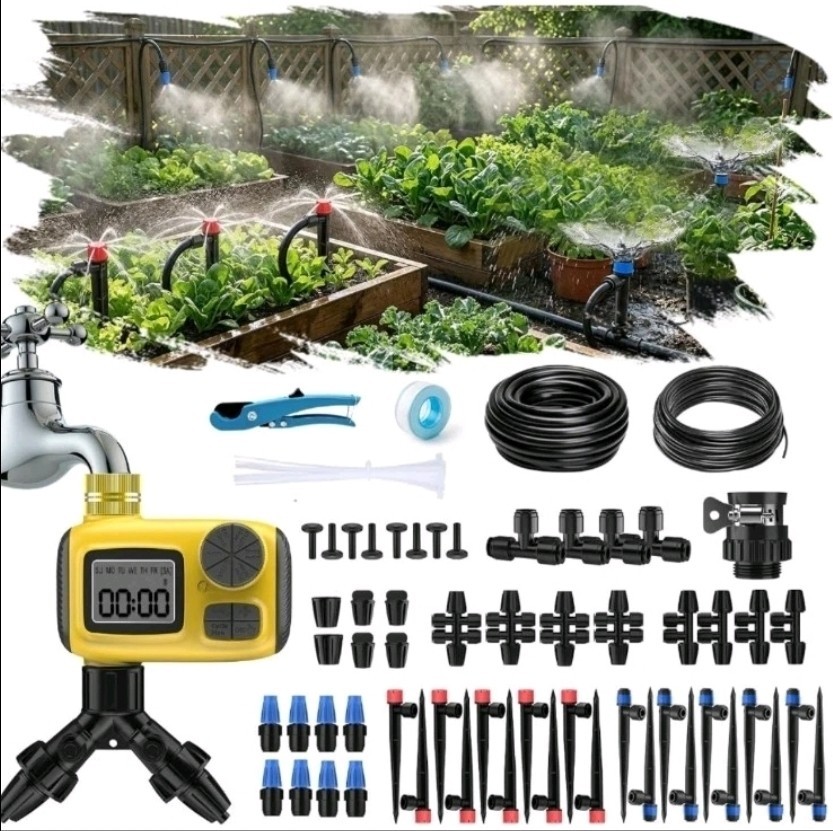 165FT Drip Irrigation System Kit w/ Timer Brass Connectors Adjustable Sprayers