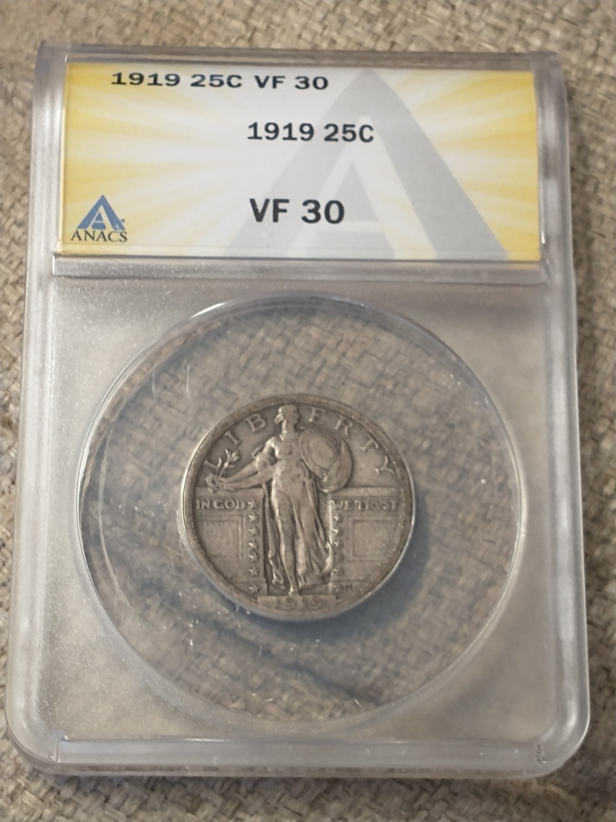 1919 Better Date Standing Liberty Quarter, ANACS VF 30