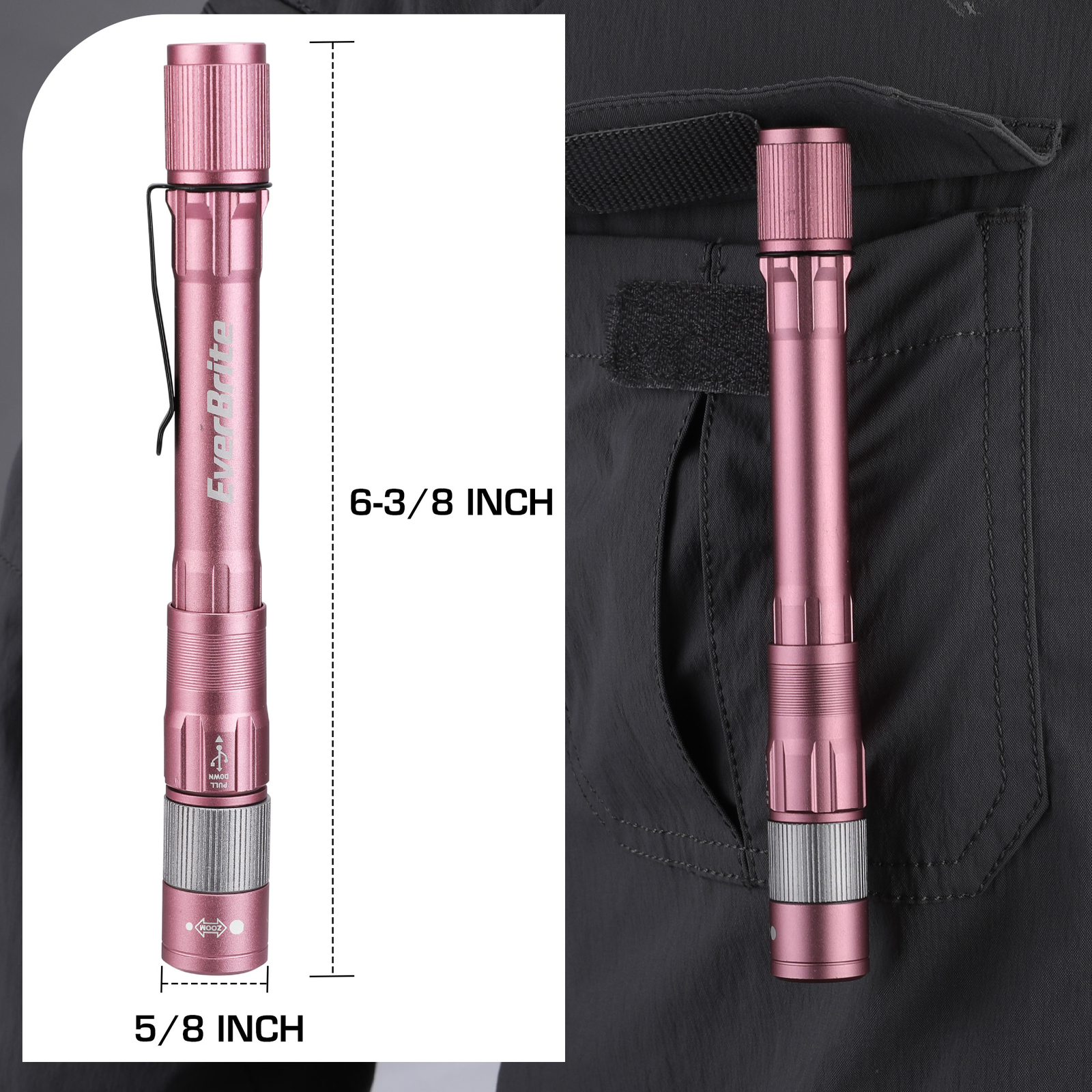 EverBrite Pen Light Pink 300 Lumens Zoomable LED with Clip, Memory Function