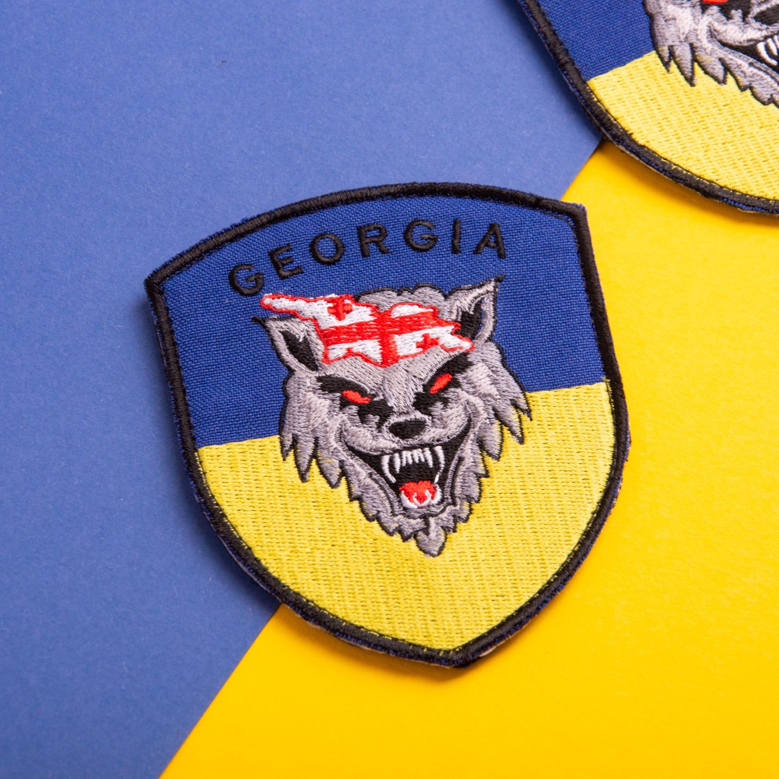 Georgia – Wolf Over Ukrainian Flag Patch 8х10 cm Shield Shape Hook Backing