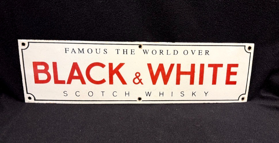 Vintage Black & White Whiskey Porcelain Sign Bar Advertising 18" x 5"