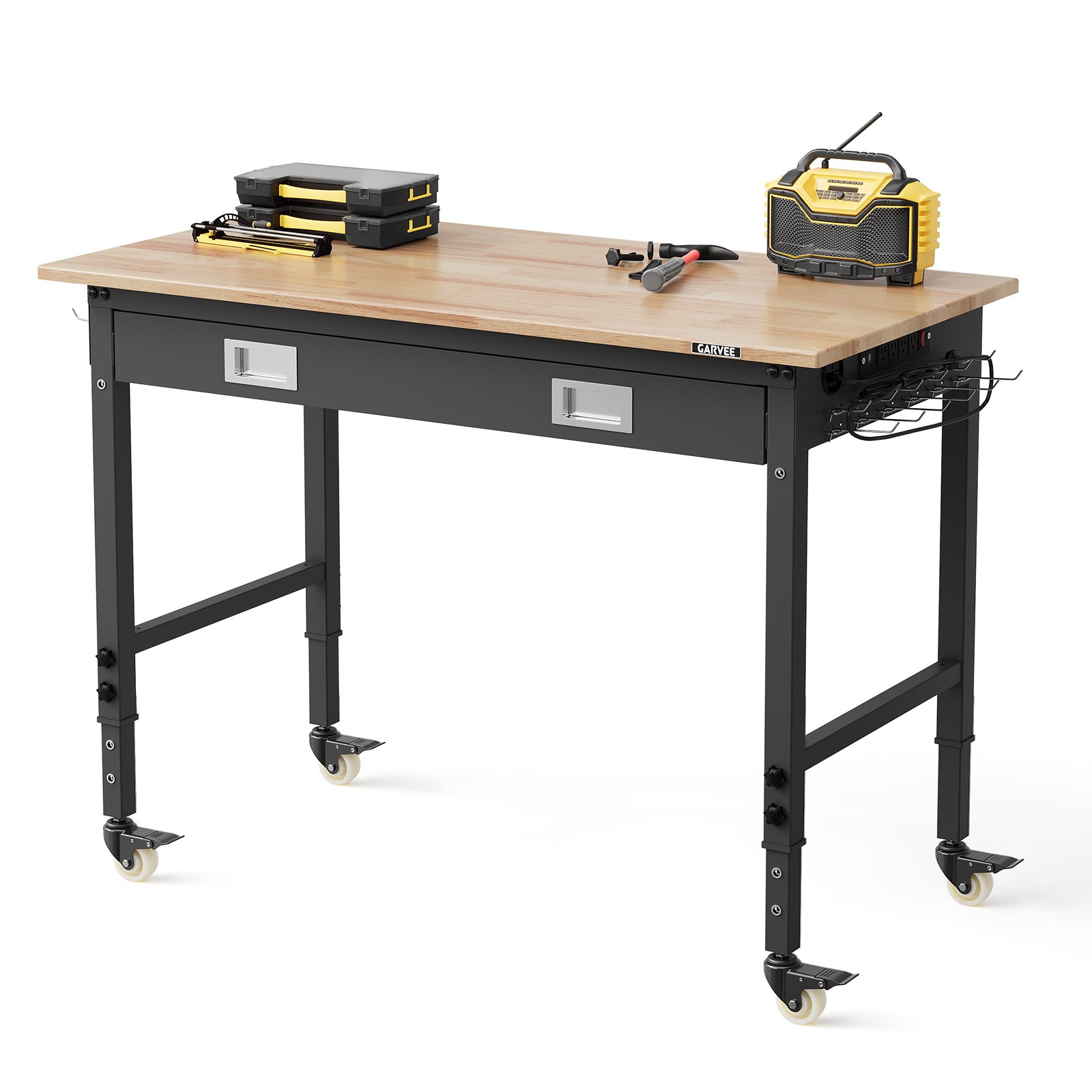 48" Adjustable Height Workbench with Drawer, LED Light, Pegboard, Power Outlets