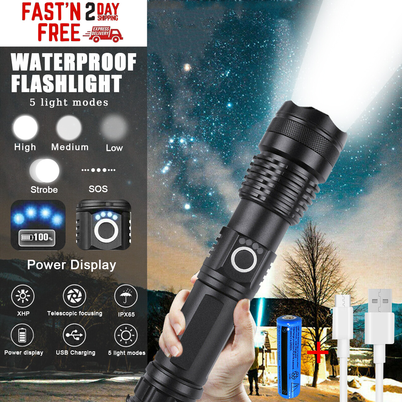 USB Rechargeable Ultra-Bright Zoom Flashlight with LED Light & Battery Included