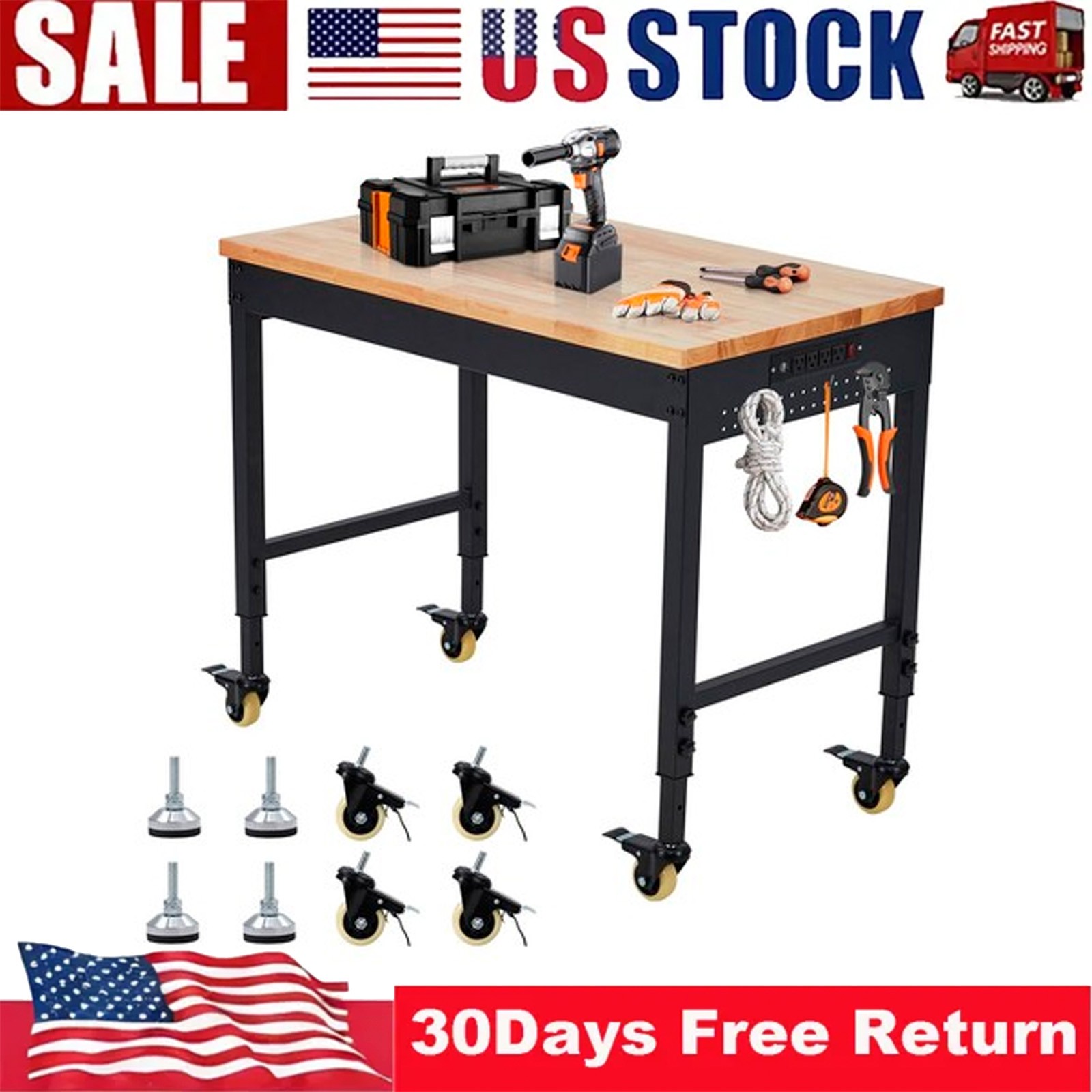 48''x24'' Adjustable Rolling Workbench Heavy Duty Work Bench with Power Outlets