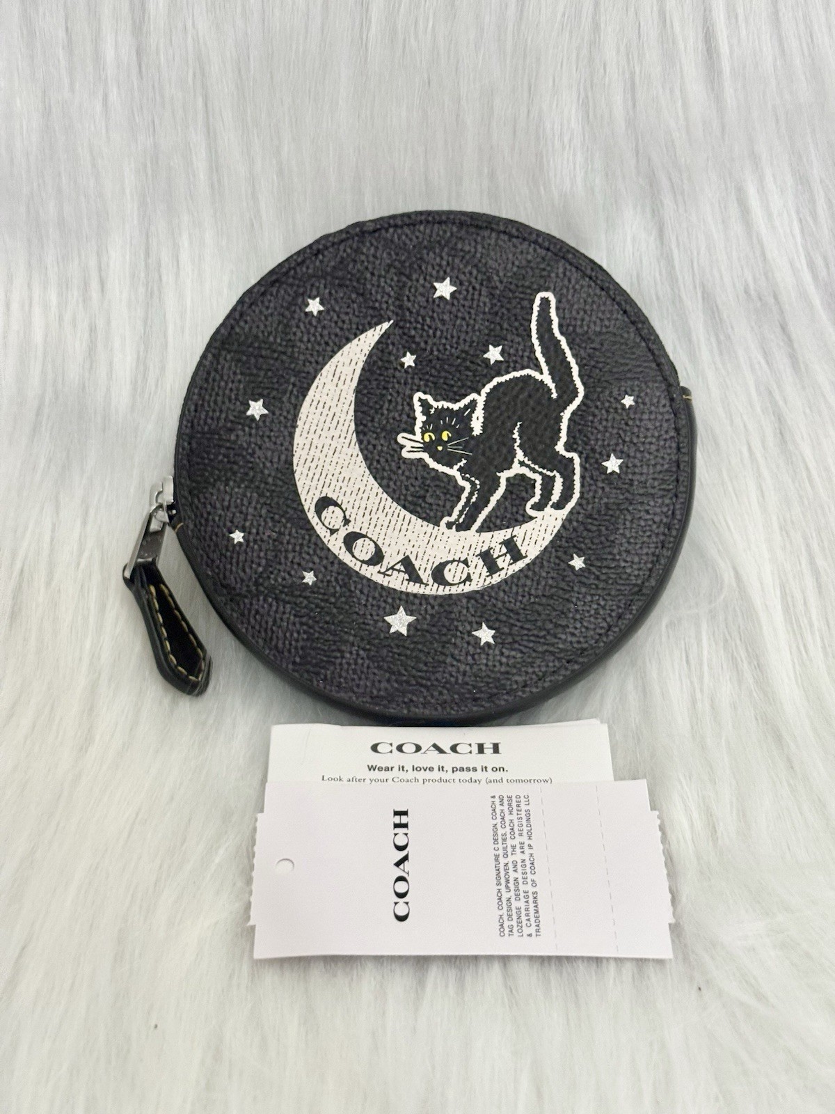 NWT Coach CX348 Coin Case In Signature Canvas With Halloween Graphic Cat Moon