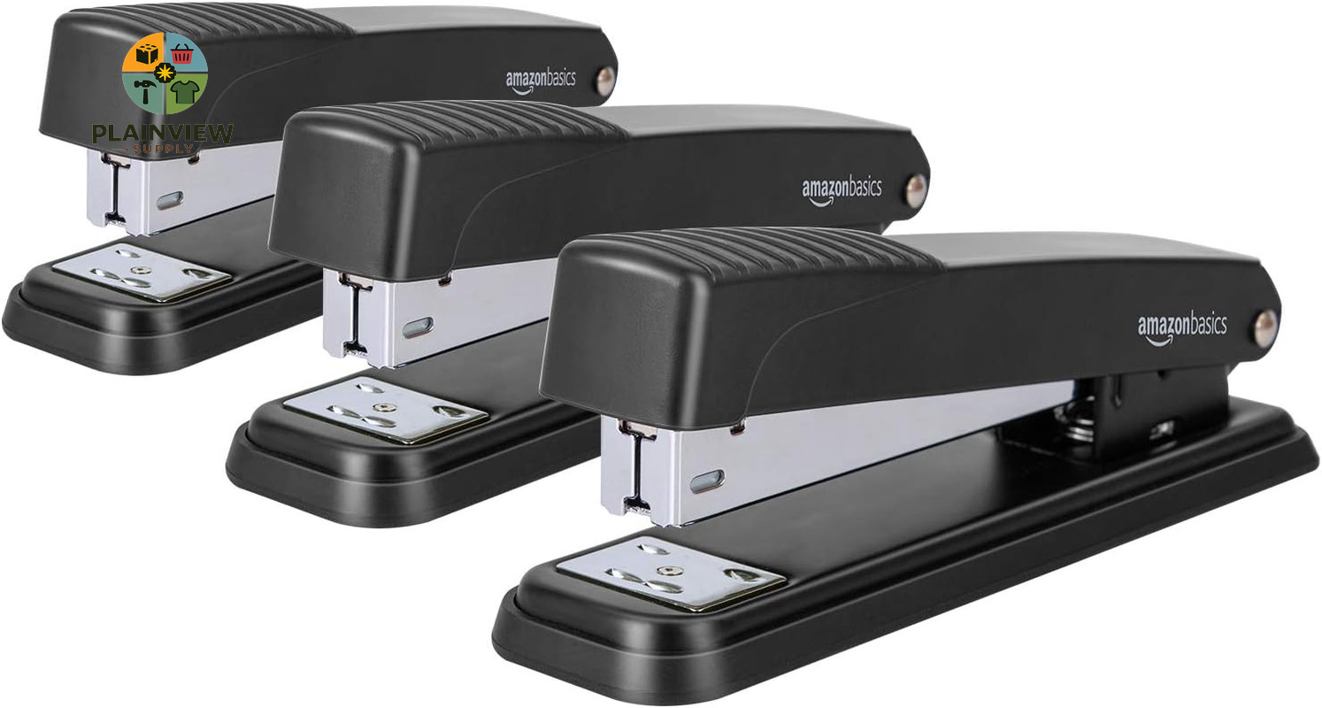 Full-Strip Metal Office Desktop Stapler, 20 Sheet Capacity, Non-Slip, Black, 3-P