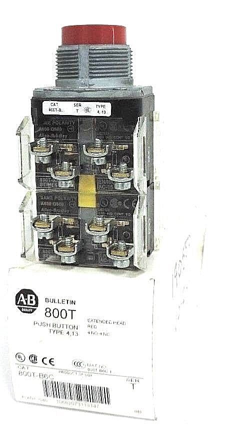 NIB ALLEN BRADLEY 800T-B6C PUSH BUTTON RED EXTENDED HEAD SER. T , 4NO - 4NC