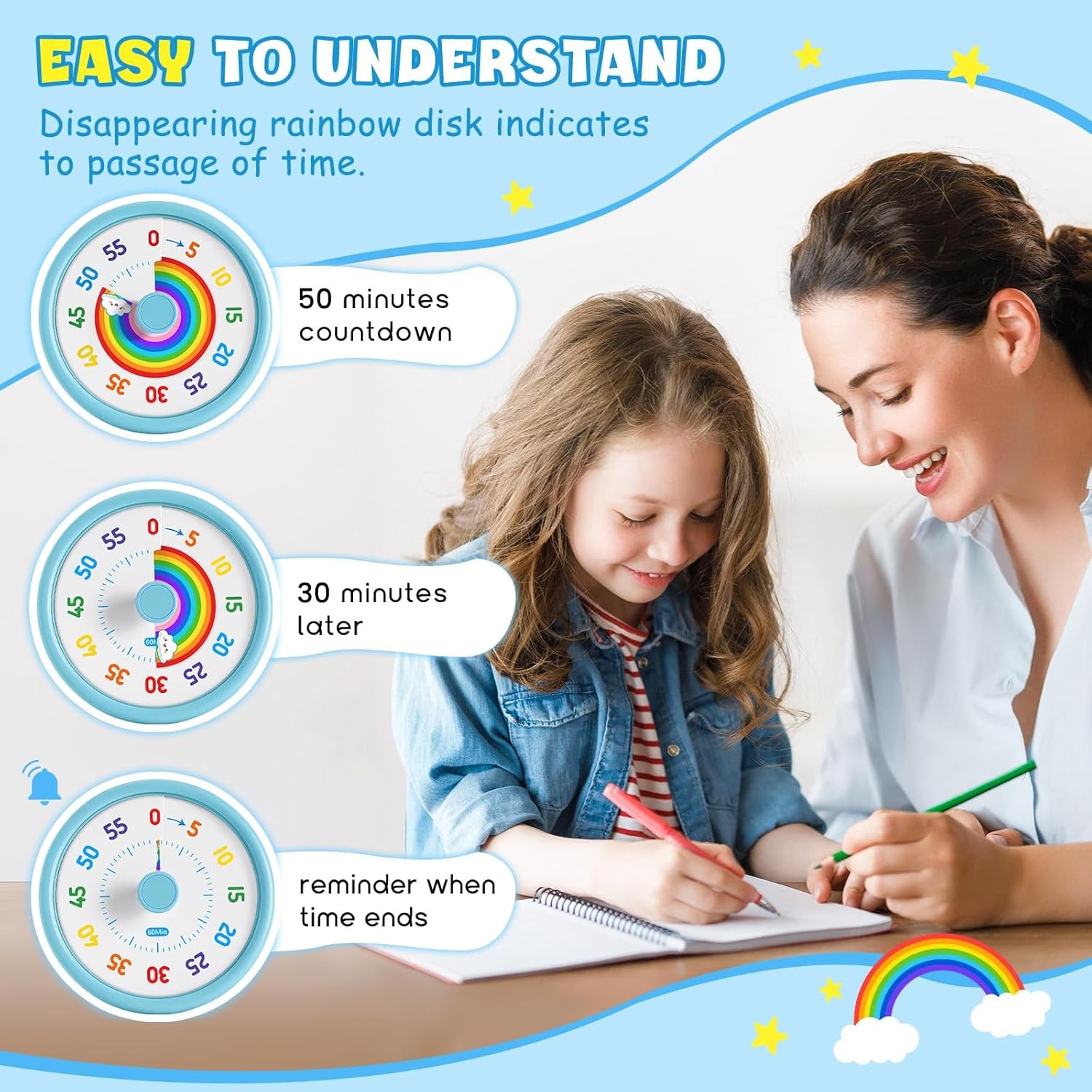Rainbow Visual Timer for Kids, 60 Minute Silent Countdown Clock with Color Disk,