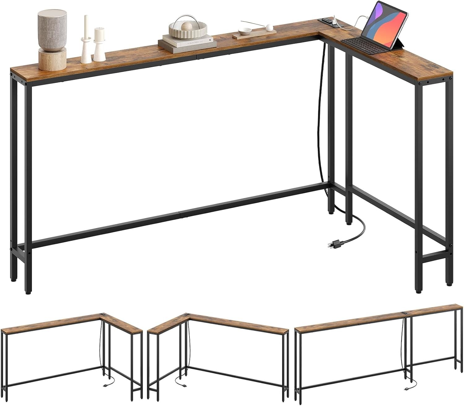 Rustic Brown 78.7" Extra Long Console Table - Built-in Charging Station