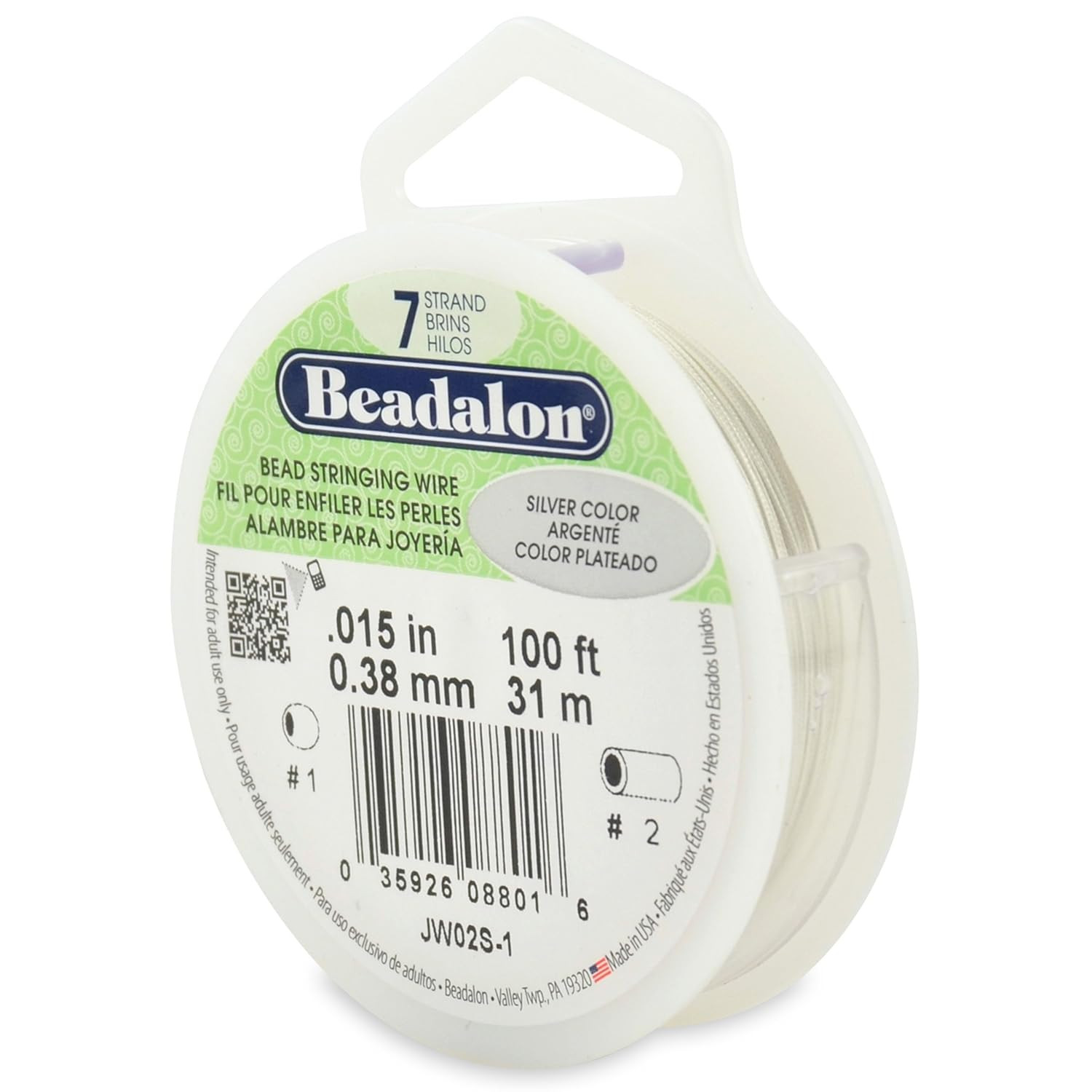 7 Strand Bead Stringing Wire, 0.015 in / 0.38 Mm, Silver Color, 100 Ft / 31 M