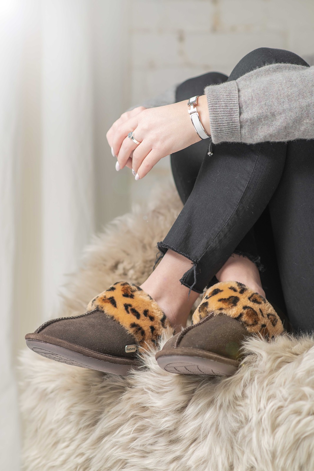Natural Suede Women Slippers | Leopard/chocolate |10