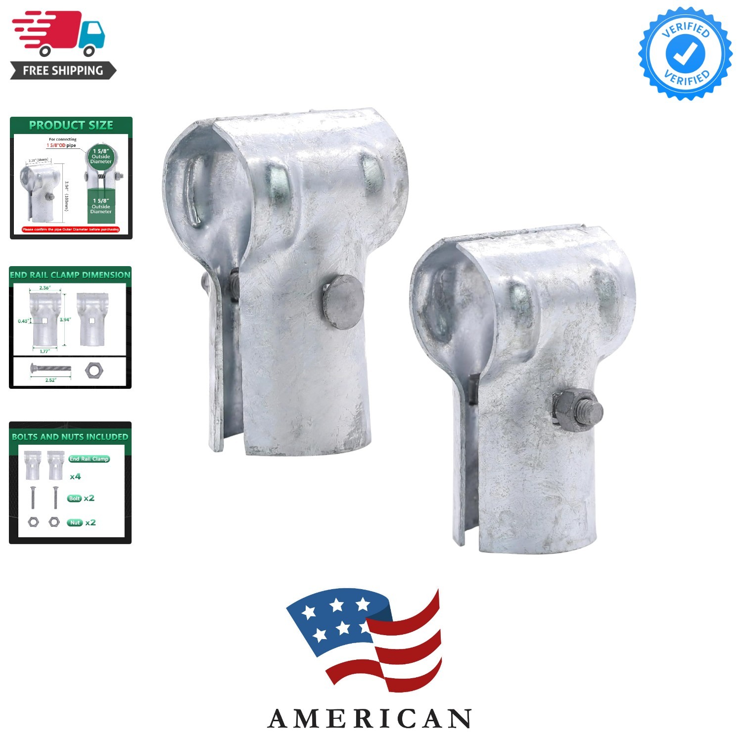 1-5/8" T Clamp for Chain Link Fence End Rail, Galvanized Steel, Includes Bolt...