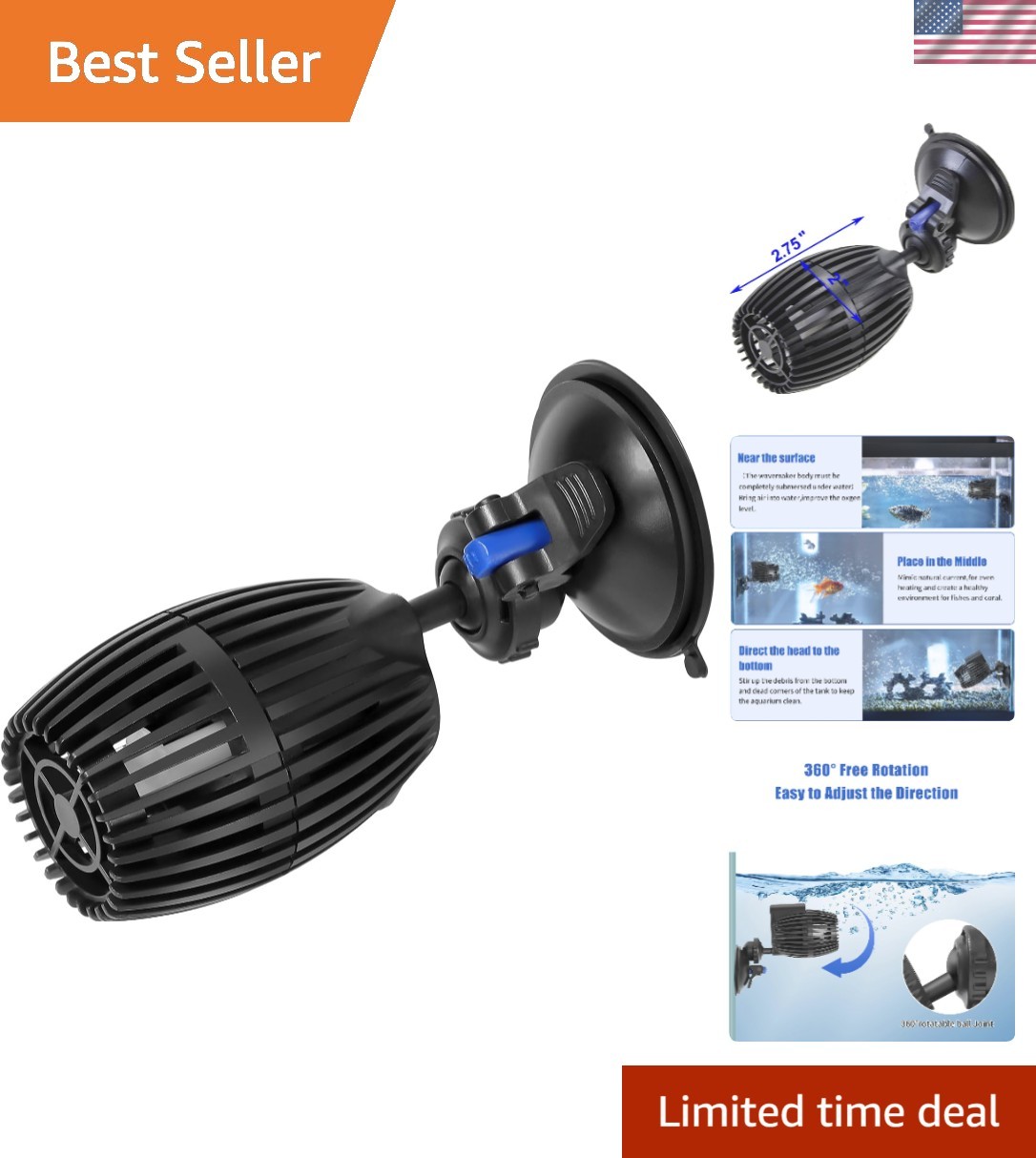 Compact 480 GPH Wave Maker - Effortless Installation with Suction Cups