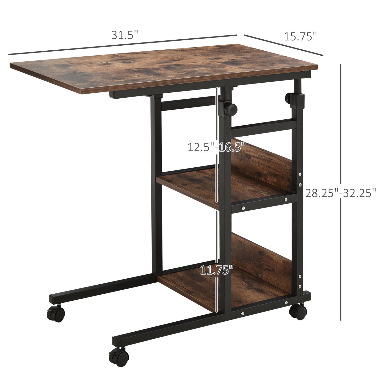 C-Shaped Mobile Sofa Bed Side Table 3-Tier Storage Shelving Cart Adjust Height