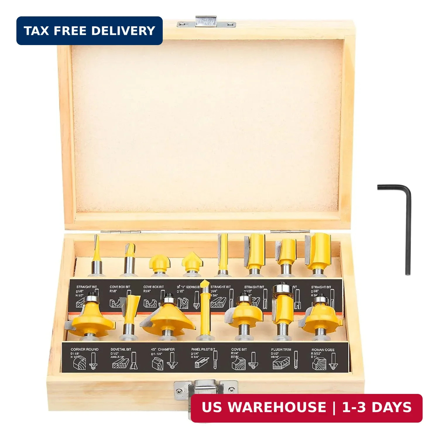Router Bits Set 1/4 Inch Shank - 15 Pieces 1/4" Tungsten Carbide Router