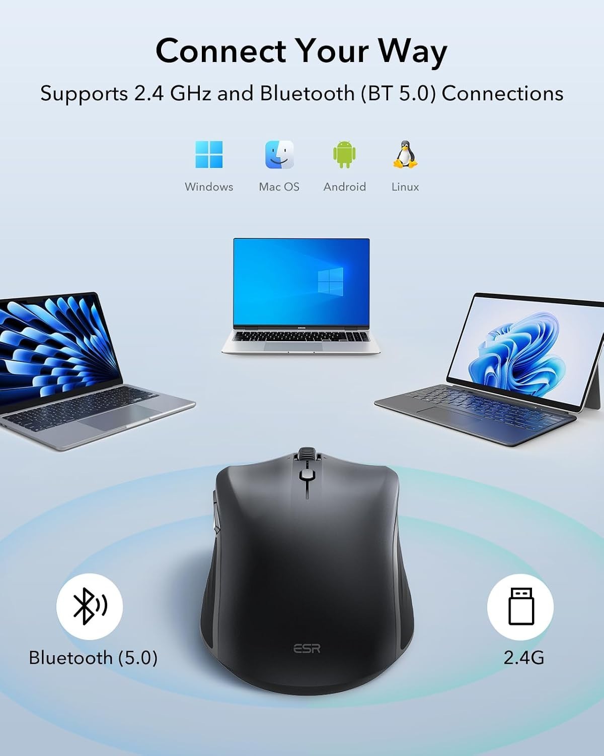 ESR MagMouse Bluetooth Wireless Mouse Rechargeable Silent Ergonomic 2.4G Black