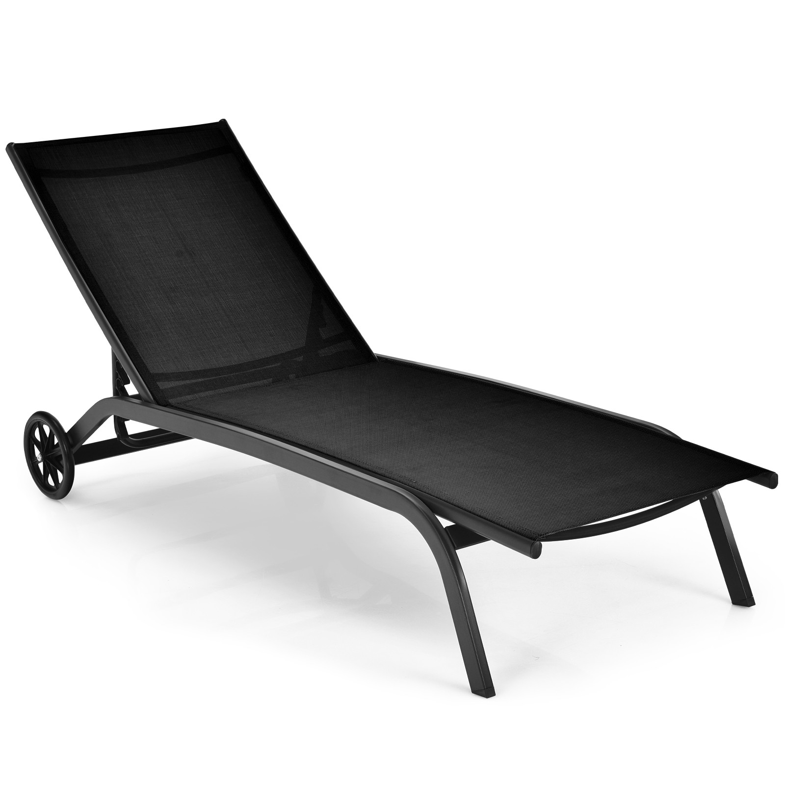 Patiojoy Patio Lounge Chair Chaise Adjustable Back Recliner Garden W/Wheel Black