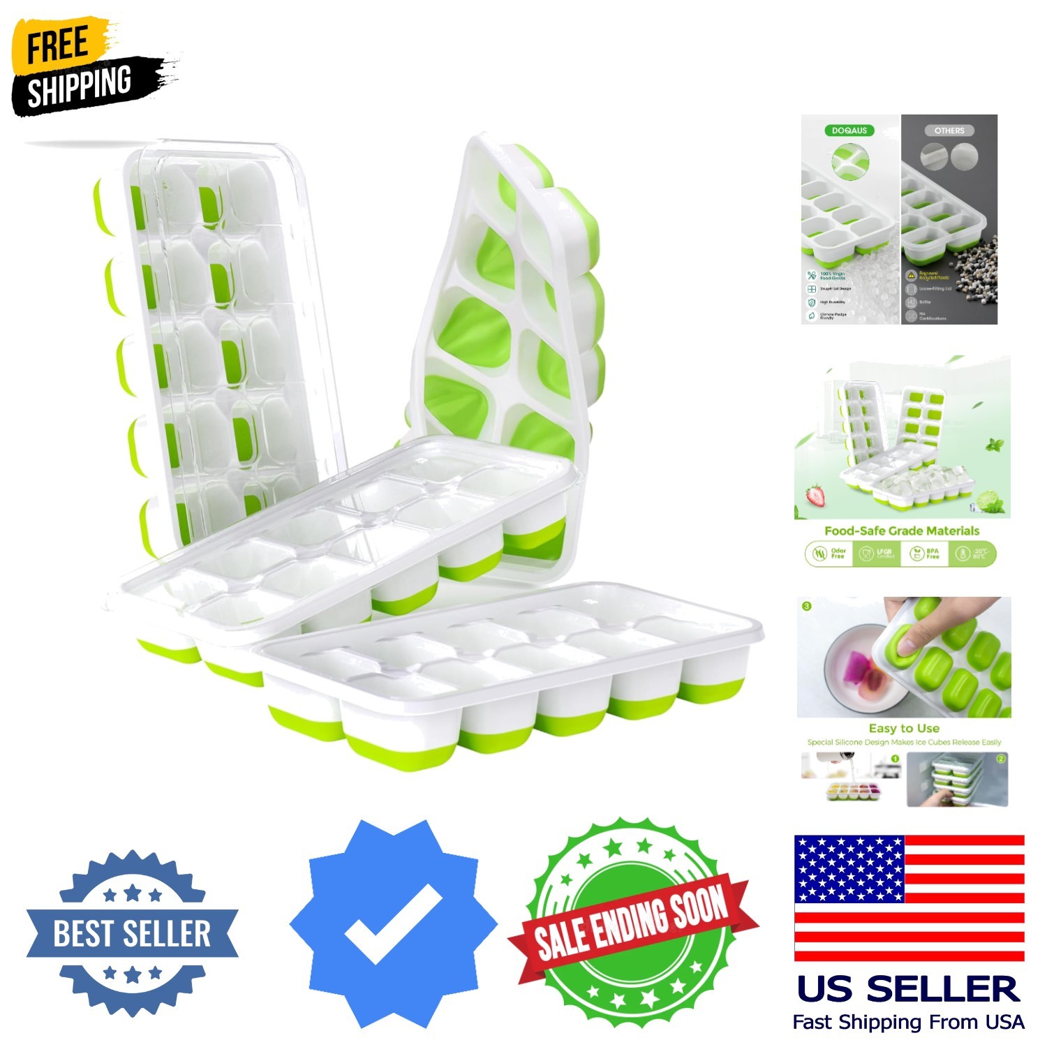 Ice Cube Tray with Lids - 4 Pack Stackable Silicone Ice Trays for Freezer, BP...