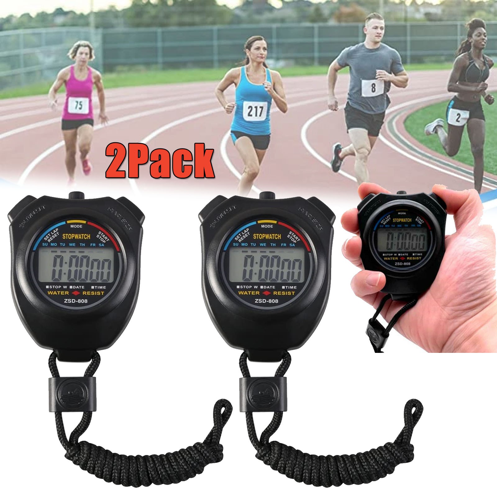 2PCS SET Digital Stopwatch Sports Counter Chronograph Date Timer Odometer Watch
