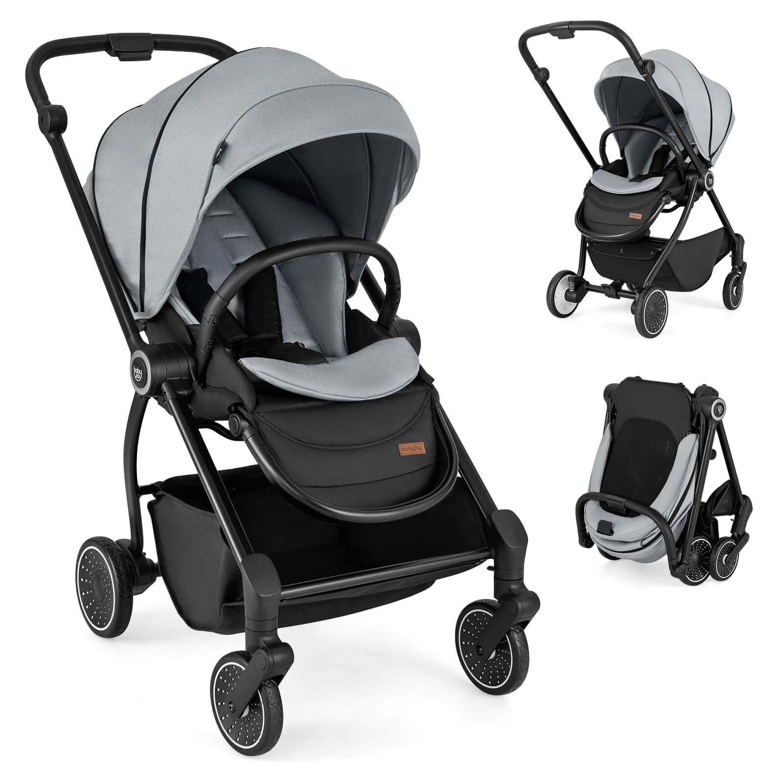 Baby Stroller Foldable Infant Pram Stroller w/ Reclining Backrest Handle
