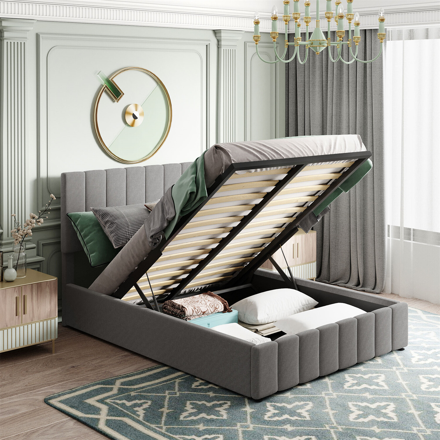 Full Size Upholstered Platform Bed Frame with Hydraulic Storage System Gray New