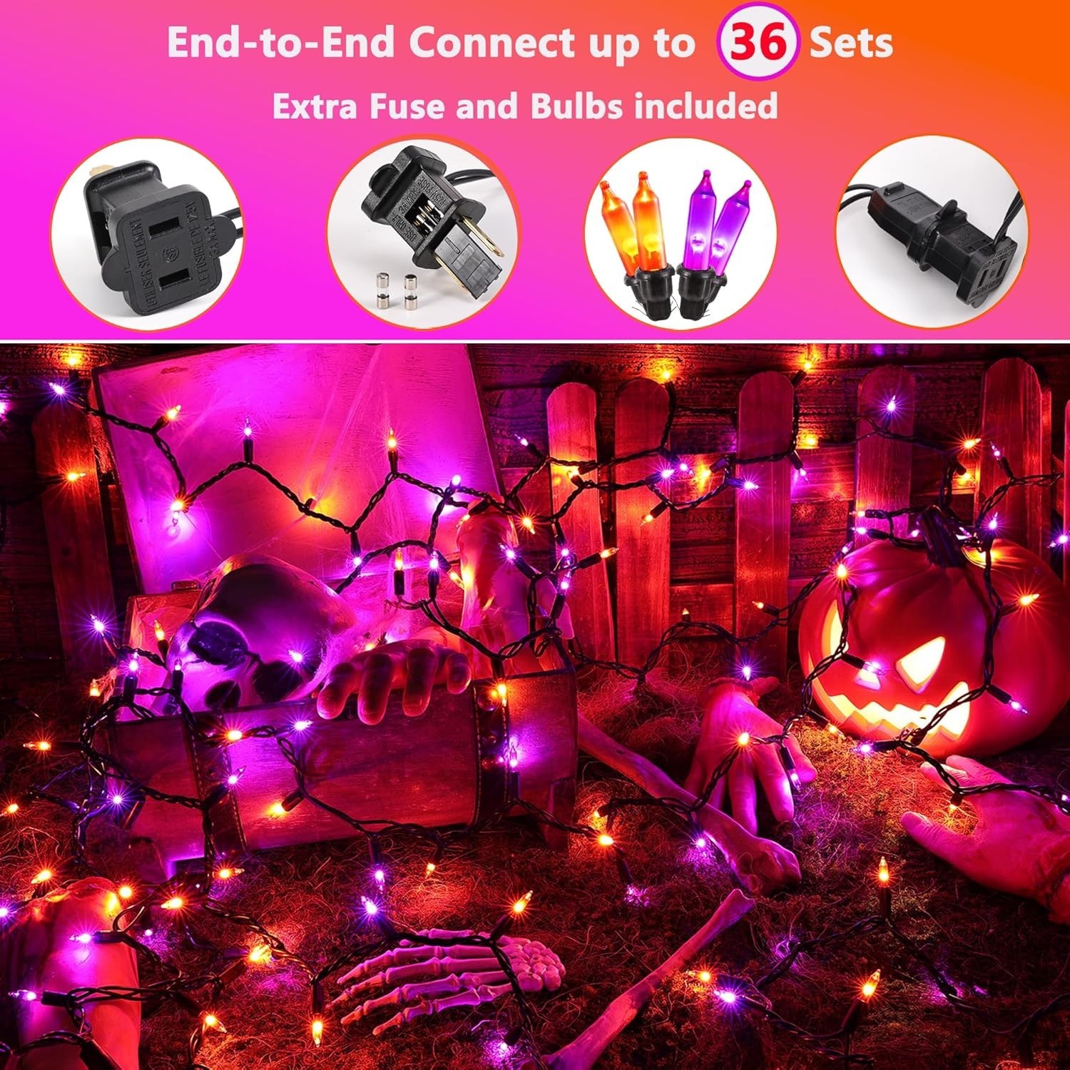 Joomer Orange Purple Halloween String Lights, 19.5FT 100 LED Mini String Lights,