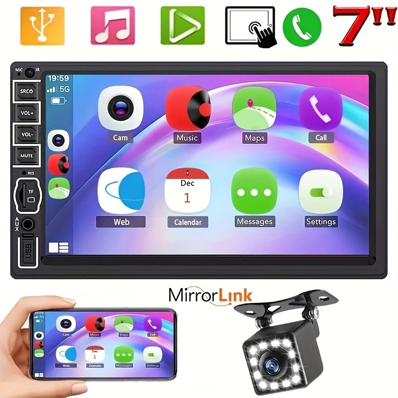 Double 2 Din 7'' Car Stereo Radio HD Touch Screen Carplay BT FM RDS Rear Camera；