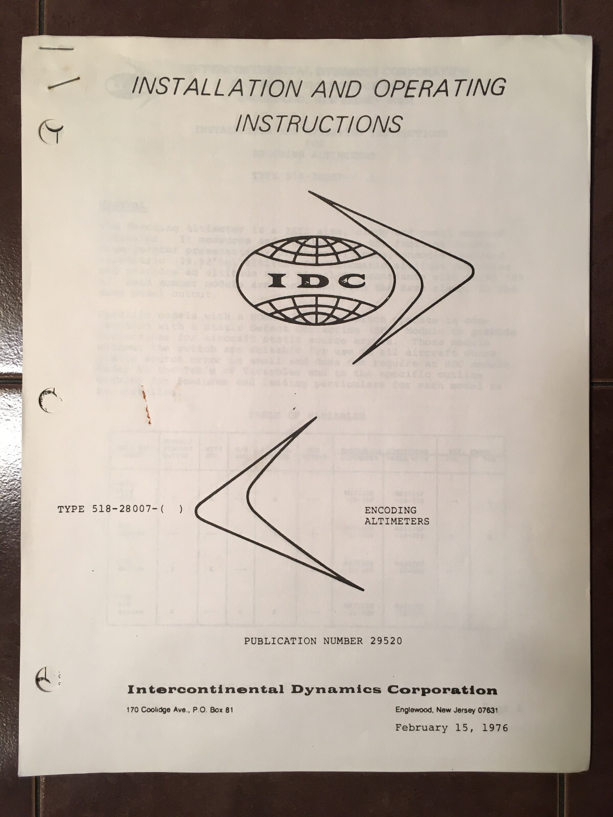 IDC Altimeter Type 518-28007 Series Install & Operating Instructions