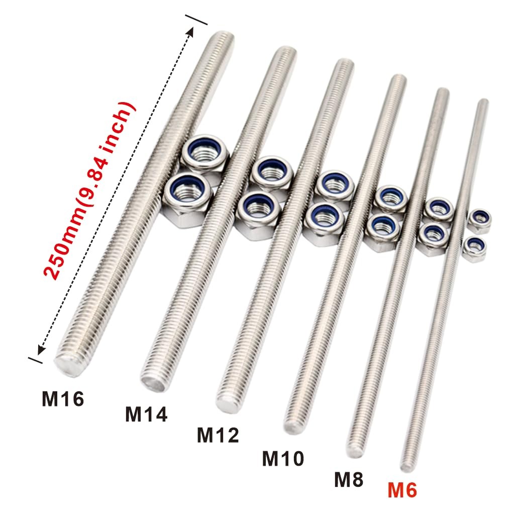 M6x250mm Fully Threaded Rod Studs Long Metric Screw M6*250mm, Silver