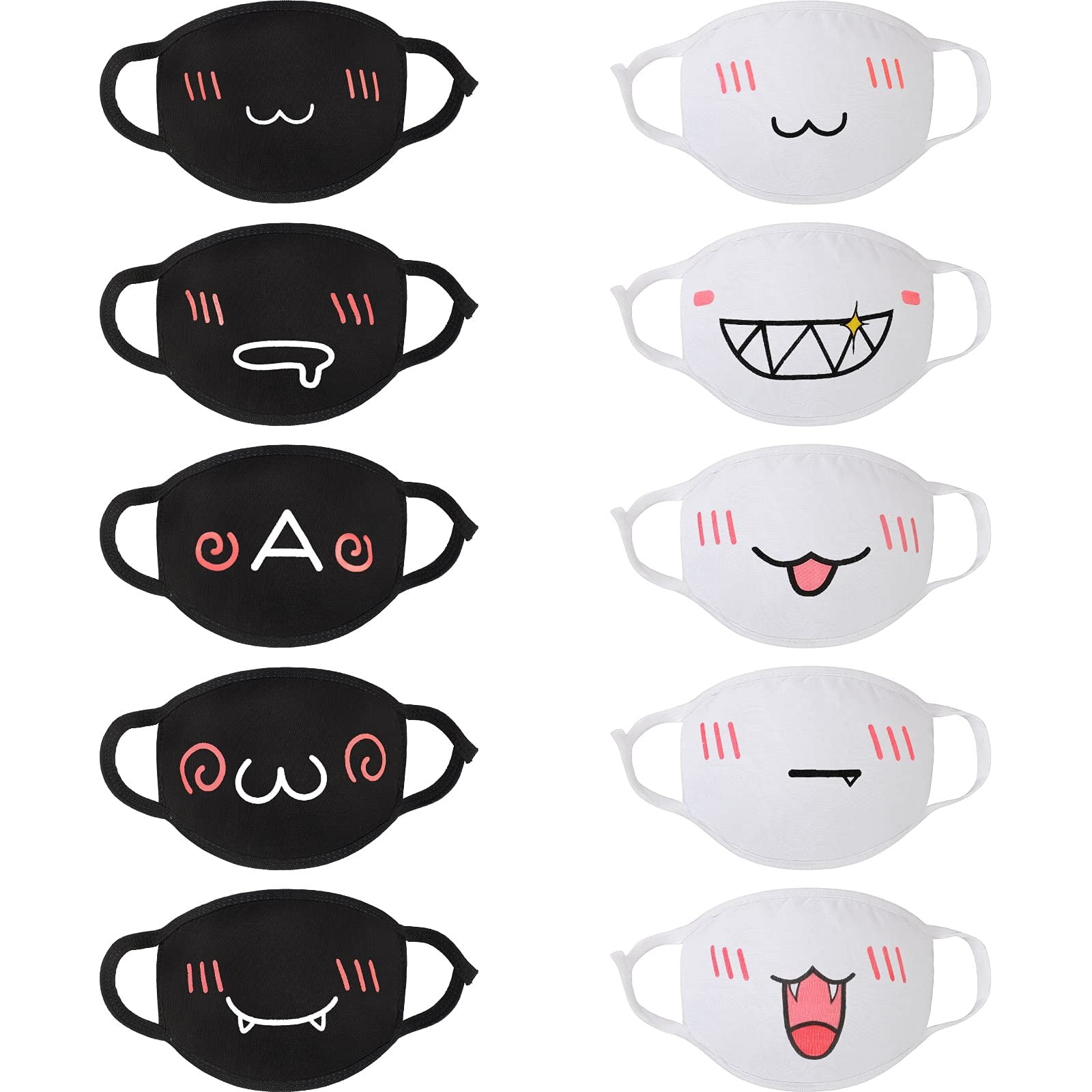 10Pcs Cute Face Mask - Black & White, Reusable Washable Cotton, for Adult Teens