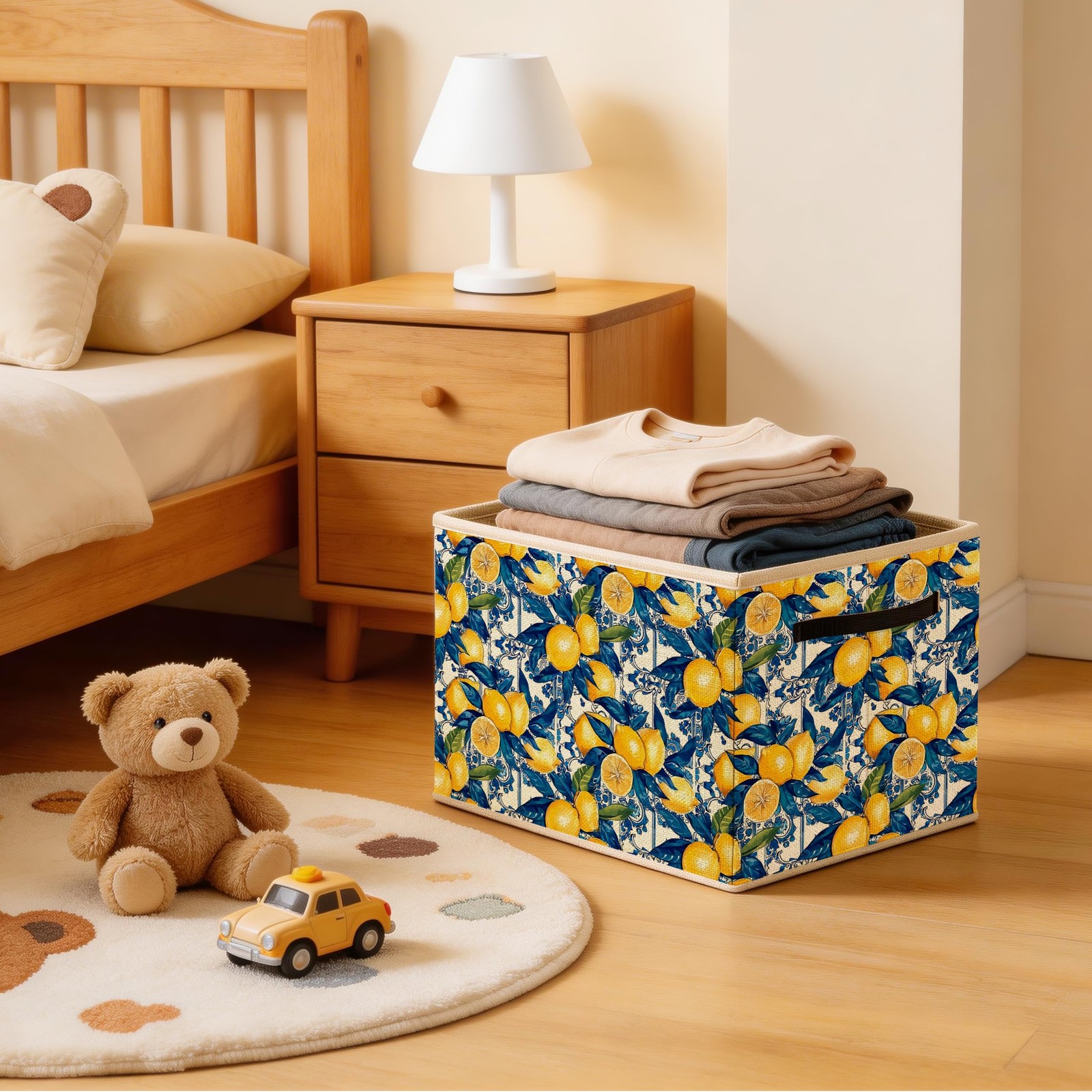 Navy Blue Lemon Storage Bin Box, Italian Mediterranean Summer Lemon Fruit Bot...